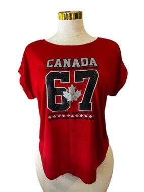 EH! Canada 67 Shirt Women's L Red Glitter Graphic Tee Rolled Cuff Slub Knit